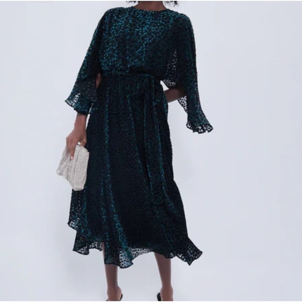 Tuckernuck Black Teal Velvet Burnout Polka Dot Midi Dress Belted Flutterâ Sleeve